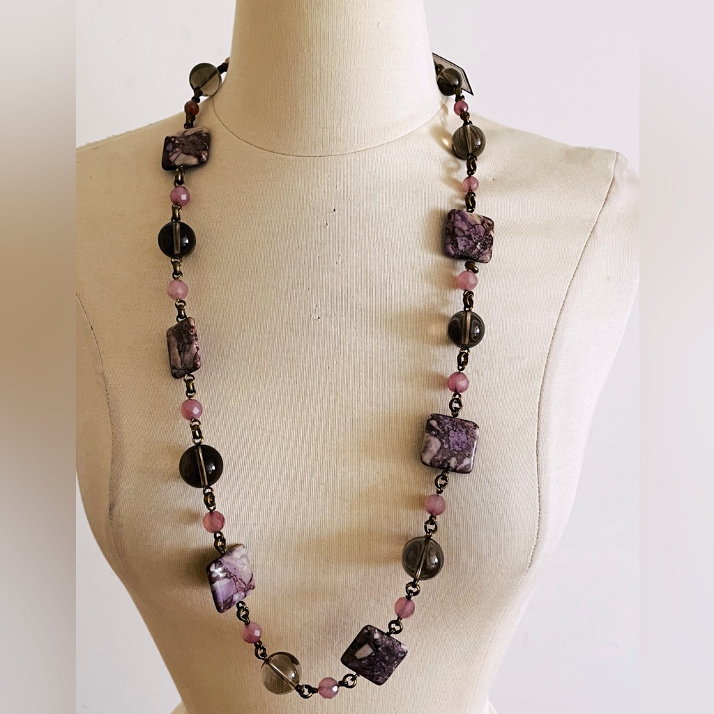 Stephen Dweck Purple Jasper Smoky Quartz Fushia Agate Bromze Necklace Nwt 550$
